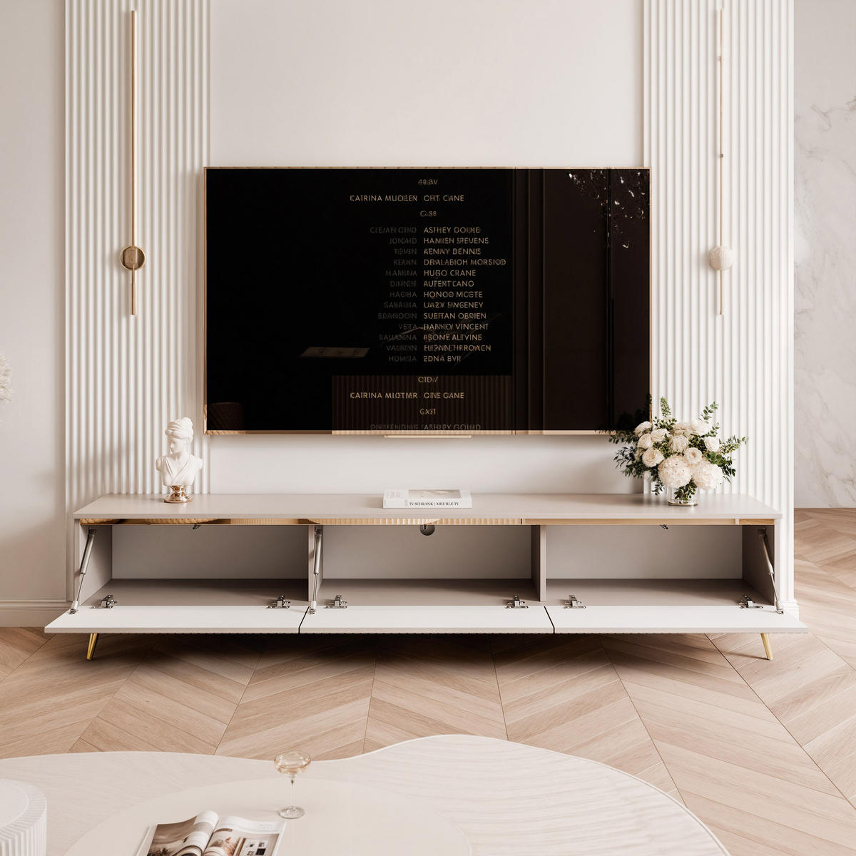 GERIFFELTER TV-Schrank SELIA 200 cm auf Füßen, Kaschmir mit goldener Zierleiste - Kaschmir, Holzwerkstoff (200/42/35cm) - Idohome