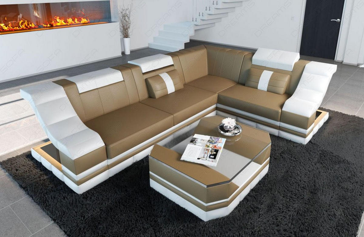 COUCH Bianchi Sandbeige Weiß Echtleder - Sandfarben, Leder (271/196cm)