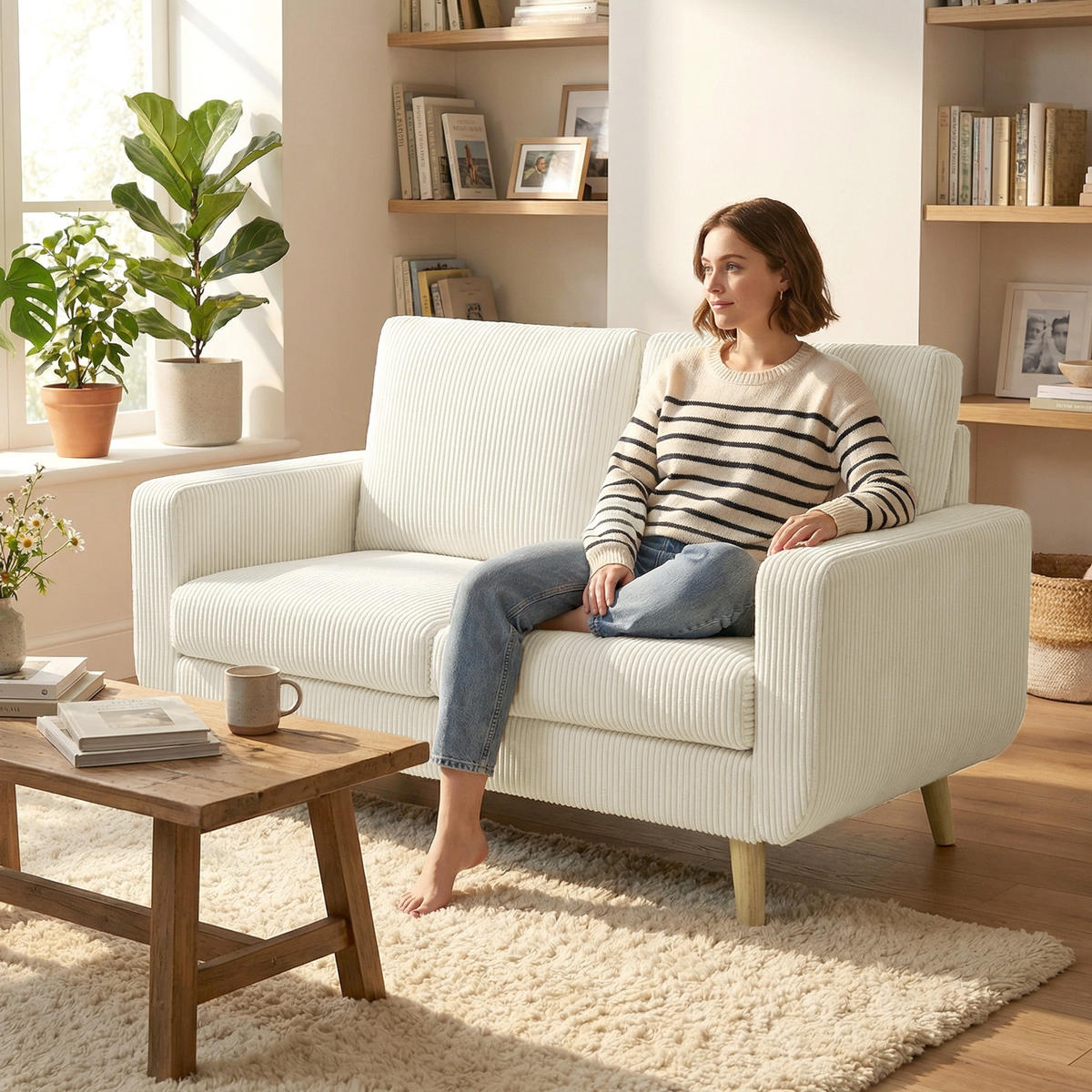 SOFA, 2-Sitzer, Cord, 134cm, Federkernkissen, cremefarben - Multicolor, Holzwerkstoff (134/84/74cm) - FORIOUS