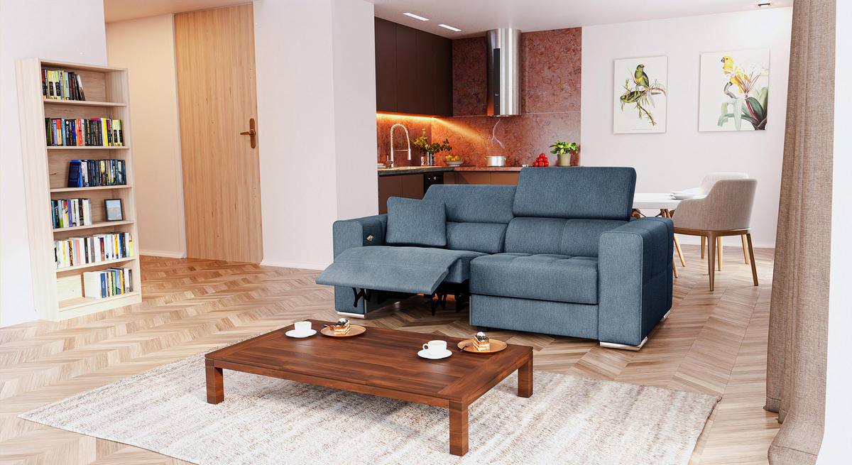 SOFA QUARTZ 3-Sitzer mit 1 Relaxfunktion, blau - Blau/Silberfarben, Holzwerkstoff/Textil (204/80/102cm) - Courtois Laville