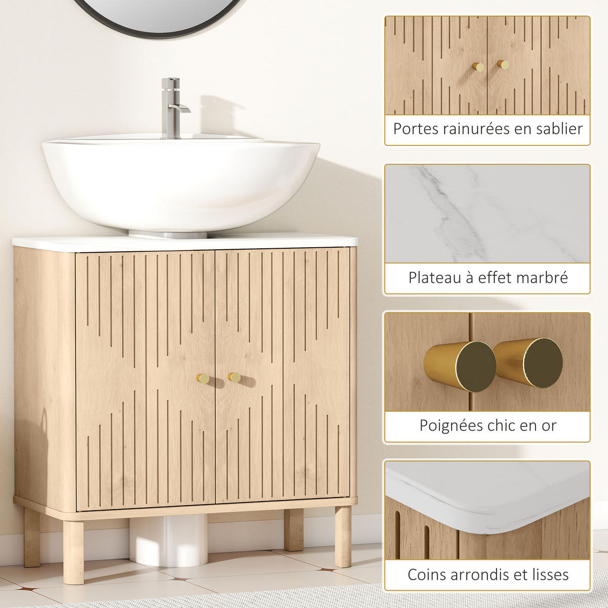 WASCHBECKENUNTERSCHRANK DE-15923 mit Marmorplatte Eiche - Eichefarben, Holzwerkstoff (60/63/30cm) - ComfortXL