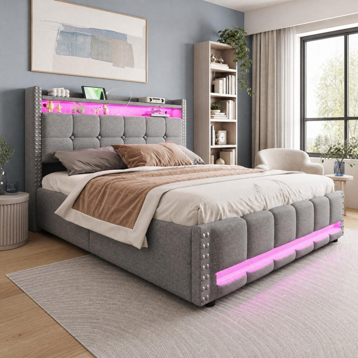 POLSTERBETT 160/200 mit Bettkasten, LED, USB, Ablagefächern und Lattenrost in Hellgrau Leinen - Hellgrau, Holzwerkstoff/Textil (160/200cm) - EVRYAE