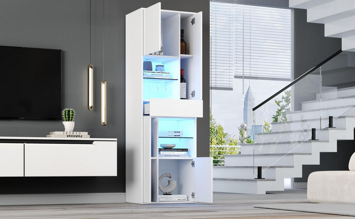 VITRINE 55/38/170 cm in Weiß mit LED-Beleuchtung und Hochglanzfront - Weiß, Holzwerkstoff (55/170/38cm) - Flora Grace
