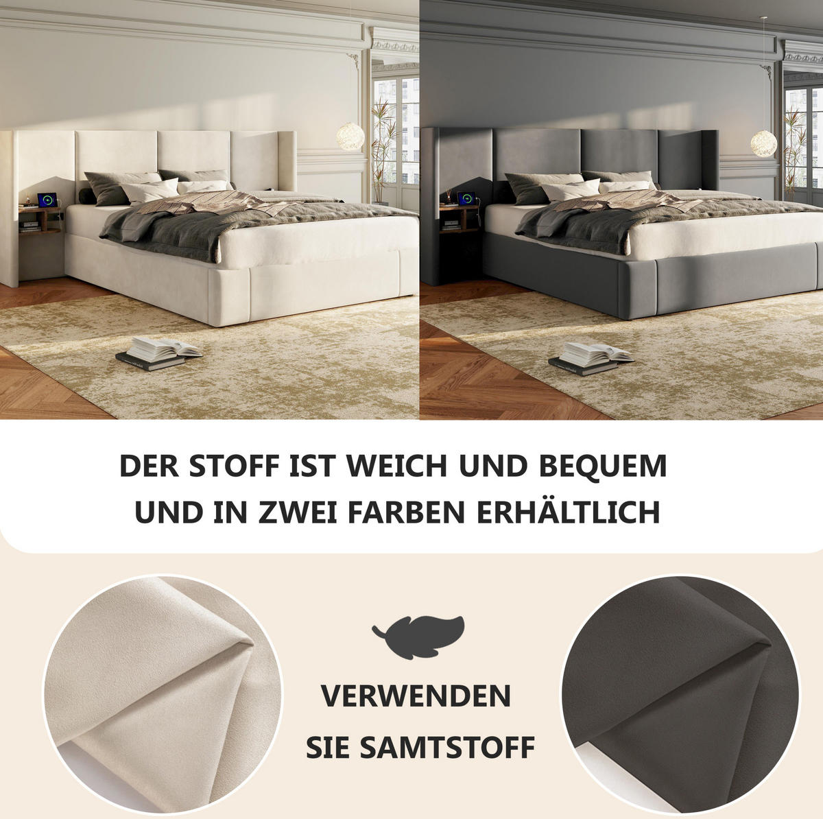 POLSTERBETT aus Samt 160x200 cm in Beige mit USB & Stauraum - Beige, Textil (160/200cm) - Modfu