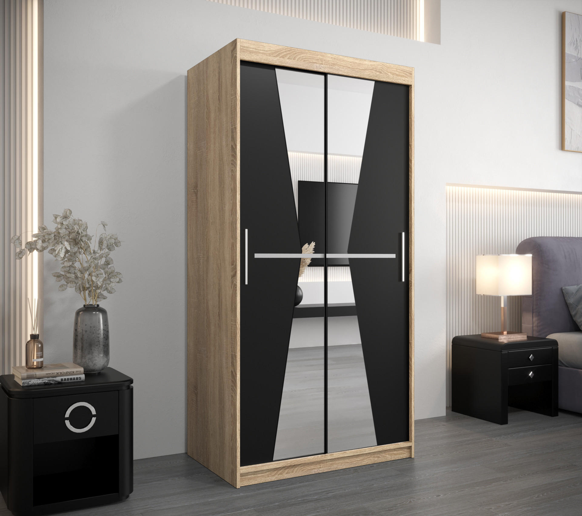 SCHWEBETÜRENSCHRANK 200/100/62 2-türig - Silberfarben/Schwarz, Holz/Kunststoff (100/200/62cm) - Abiks Möbel