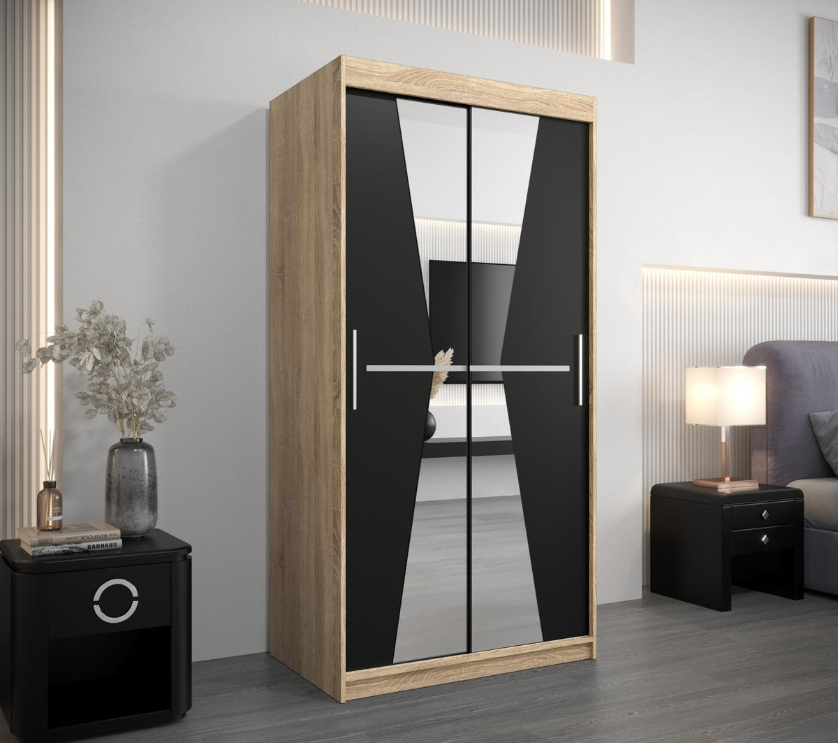 SCHWEBETÜRENSCHRANK 200/100/62 2-türig - Silberfarben/Schwarz, Holz/Kunststoff (100/200/62cm) - Abiks Möbel