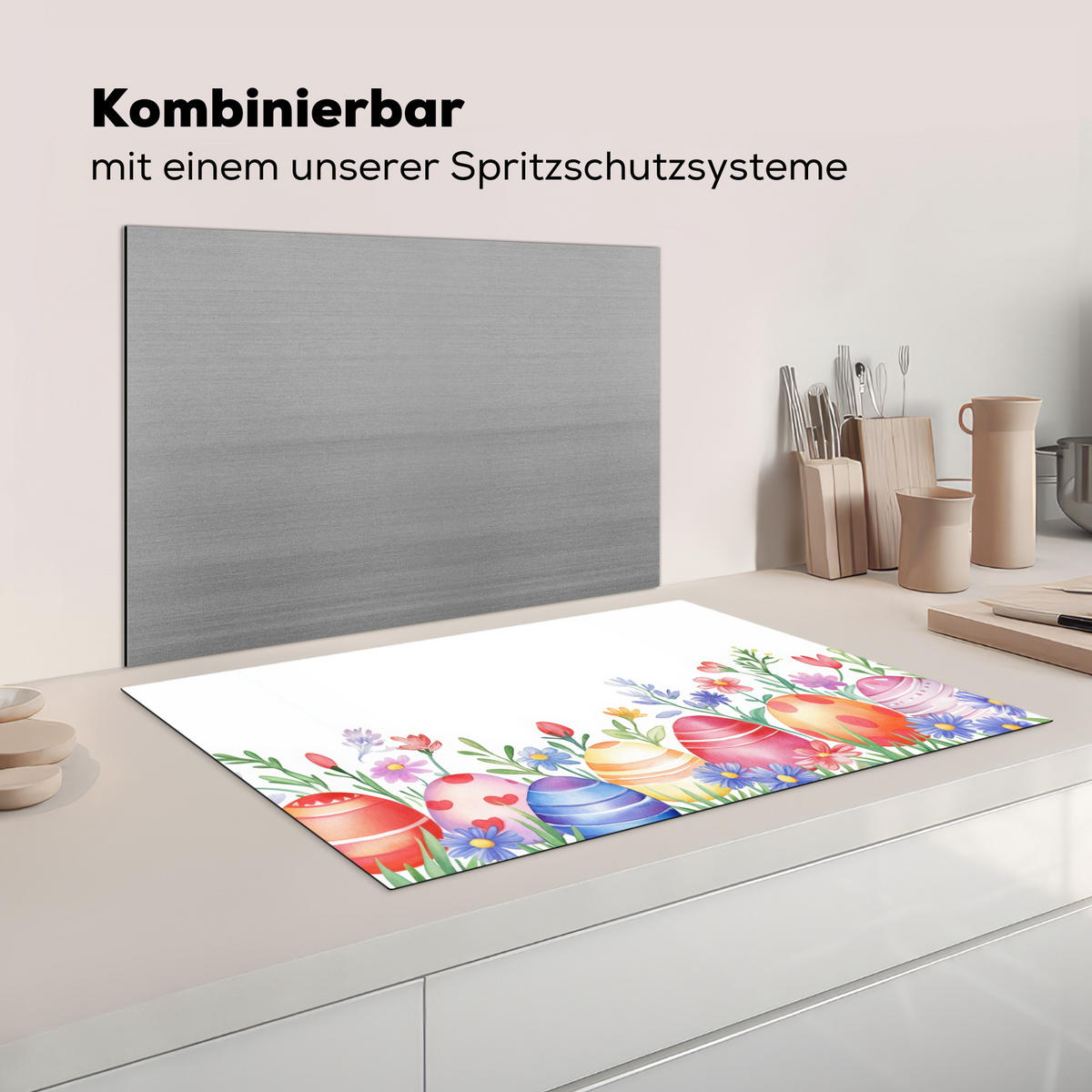 HERDABDECKPLATTE Blumengarten - Bunt - Eier Induktionsschutz 81.6x52.7 cm - Weiß, Kunststoff (81.6/52.7/0.2cm) - MuchoWow