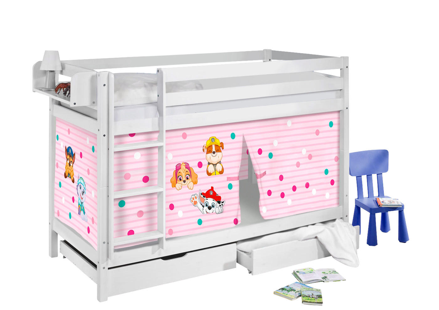 ETAGENBETT JELLE 90x190 cm Paw Patrol rosa - Hochbett - inkl. Vorhang und 2 Lattenrosten - Weiß, Holz - Lilokids