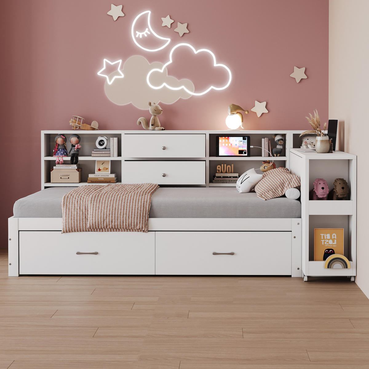 KREVET 90/200 cm s izvlačnim radnim stolom, skrivenim spremištem, 2 USB priključka i utičnicom, Bijela - bijela, drvni materijal (90/200cm) - Redom