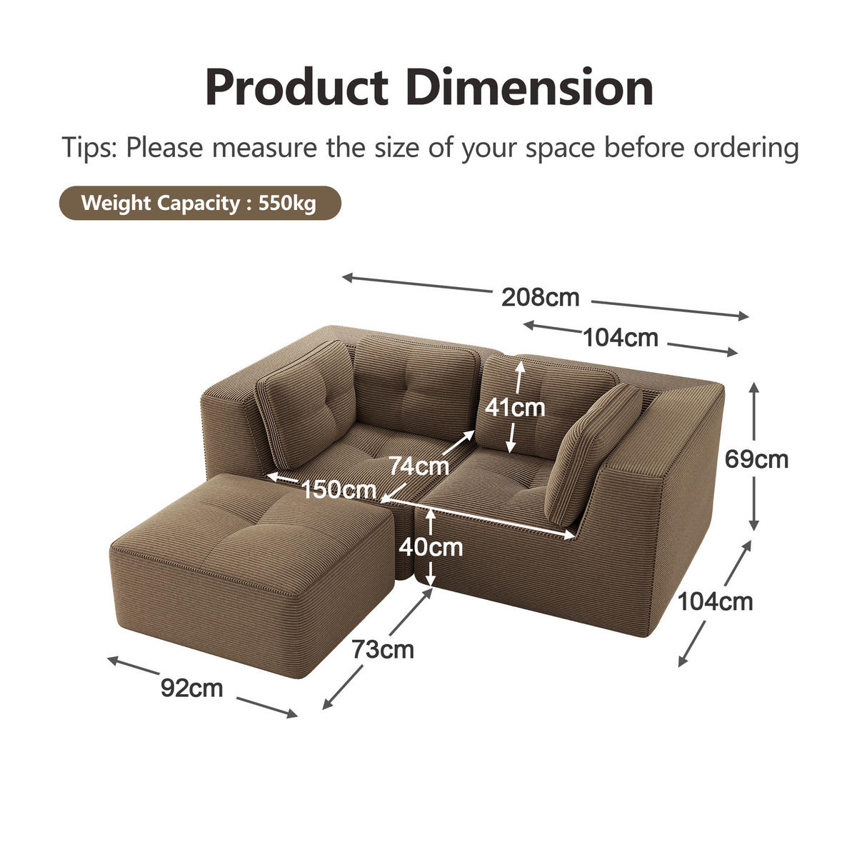 2-SITZER Sofa 208x177x69 cm aus Cordstoff rahmenlos modular mit Ottoman, braun - Braun, Textil (177/69/208cm)