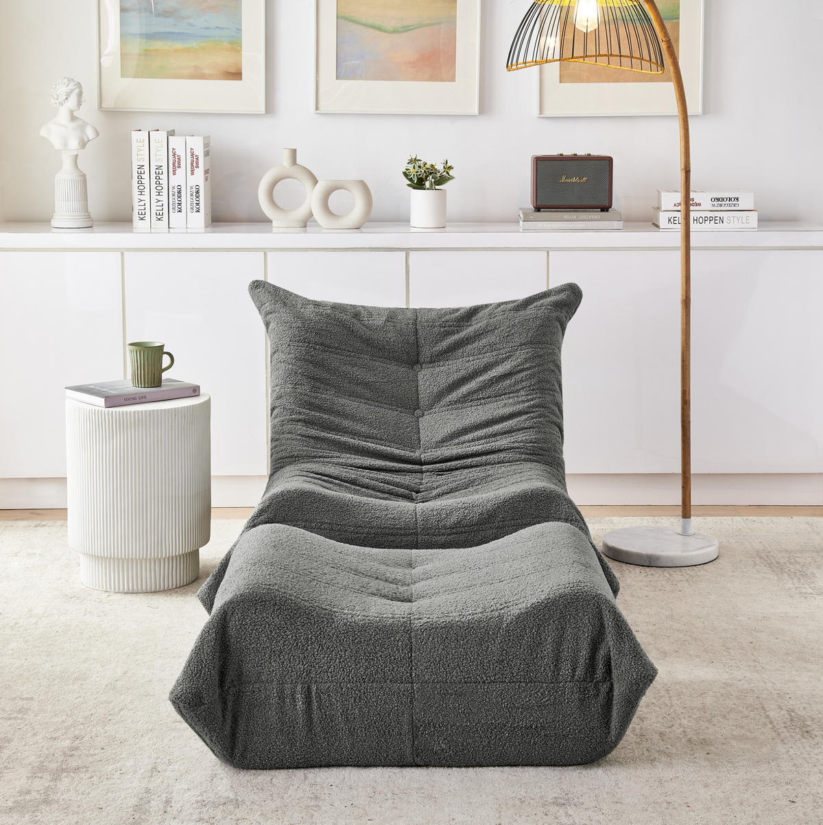 SCHLAFSESSEL mit Fußhocker Teddyfell Grau 2er-Set - Grau, Kunststoff (90/70/100cm) - Beauniv