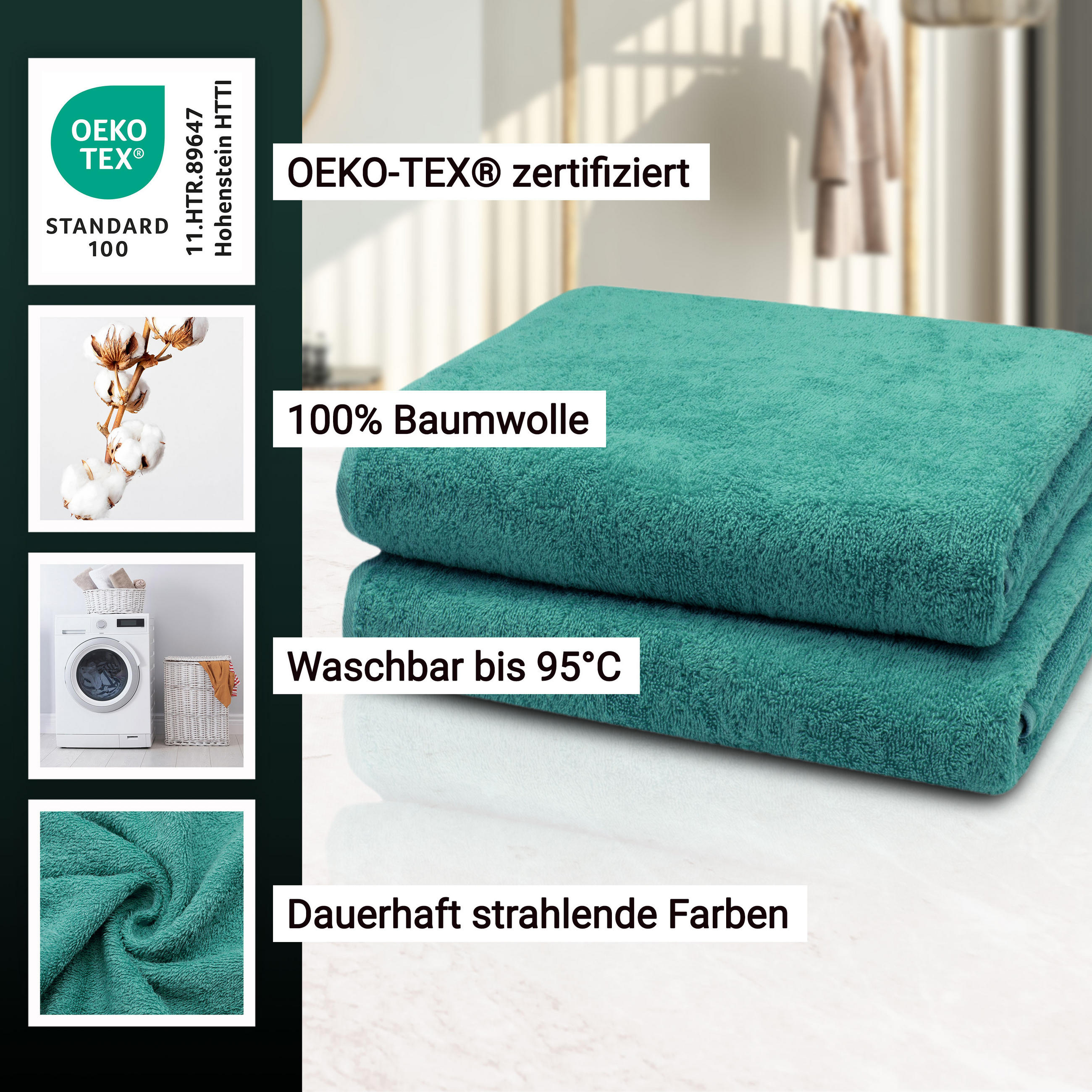 Thumbnail - Zollner Badetuch,, Türkis, Textil, 100x150 cm, Oeko-Tex® Standard 100, Badtextilien, Badetücher