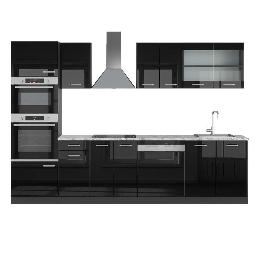 KÜCHENZEILE R-Line Schwarz Hochglanz/Anthrazit 300 cm mit Hochschrank AP Marmor - Schwarz Hochglanz/Anthrazit, Holzwerkstoff (300/81.6/60cm) - Vicco