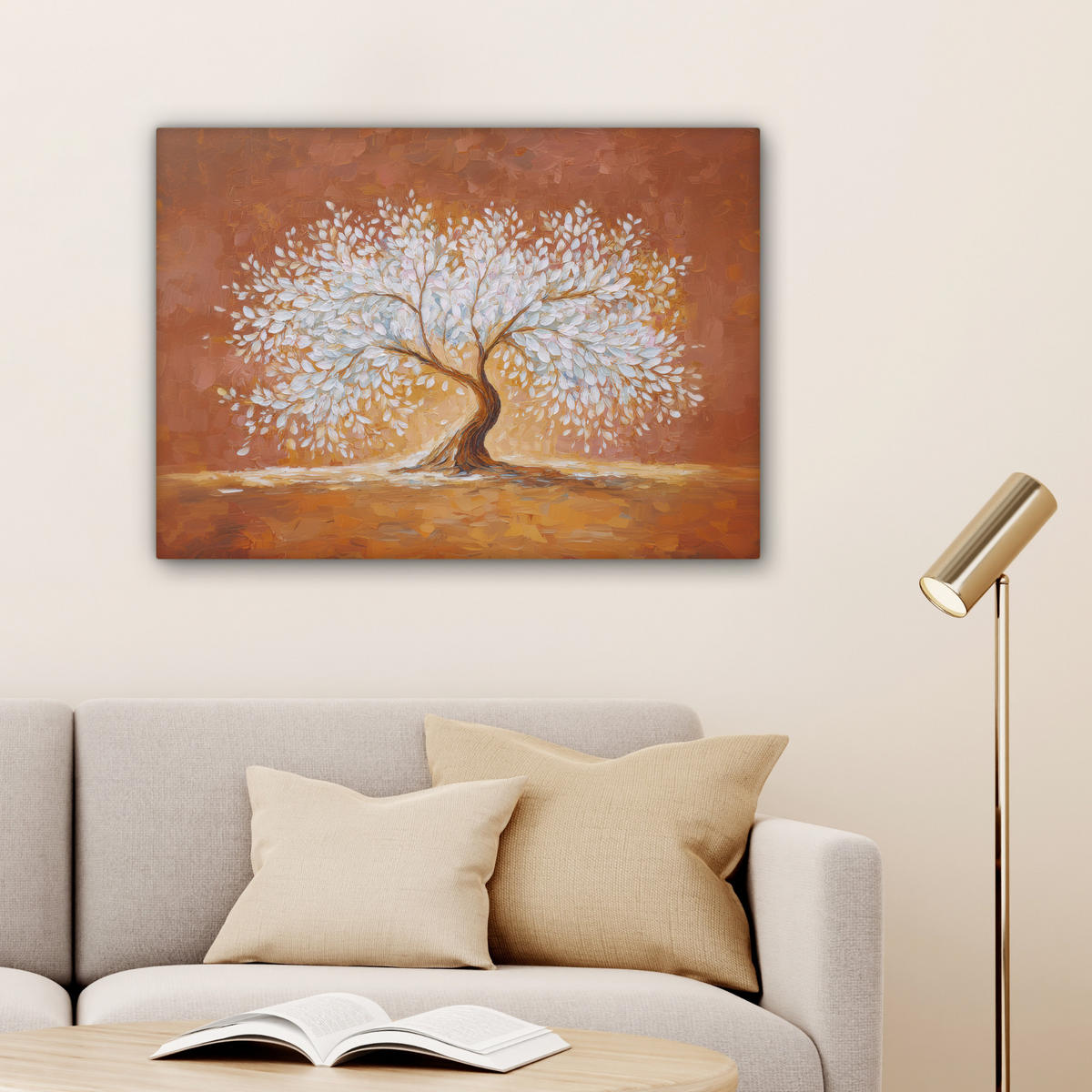 LEINWANDBILD Abstrakt - Baum - Weiß - Blätter Wandbilder 80x60 cm - Braun, Textil (80/60cm) - MuchoWow