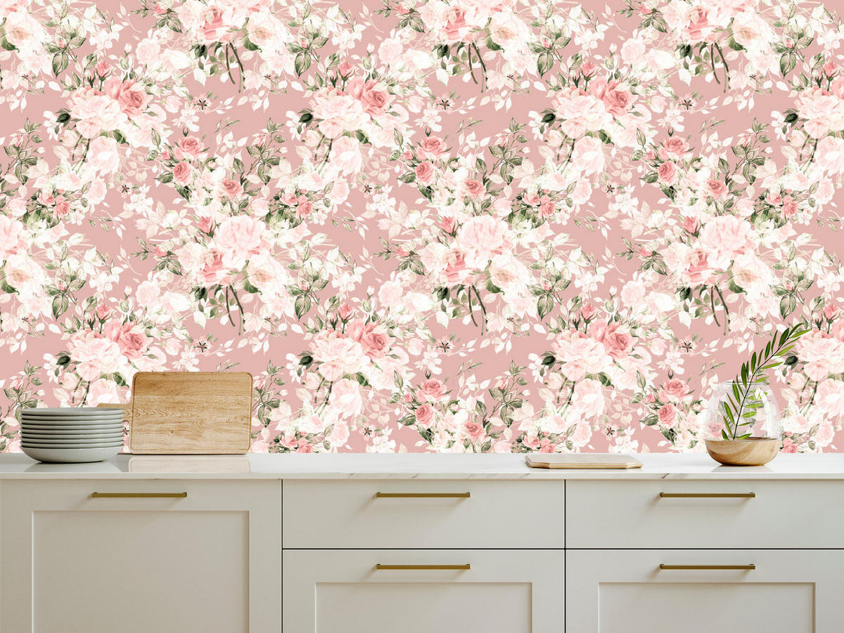 VLIESTAPETE Aquarellrosen im Vintage-Stil – Rosa, Weiß – 50x1000 cm - Rosa/Weiß, Papier (50/1000cm) - Muralo
