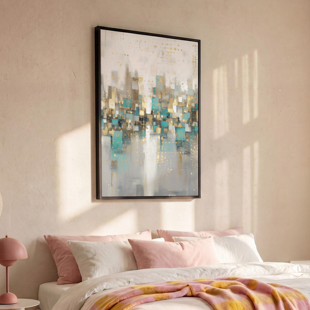 LEINWAND Bilder mit Rahmen - Abstrakt - Blöcke - Gold - Skyline - 80x120 - Beige, Textil (80/120cm) - MuchoWow