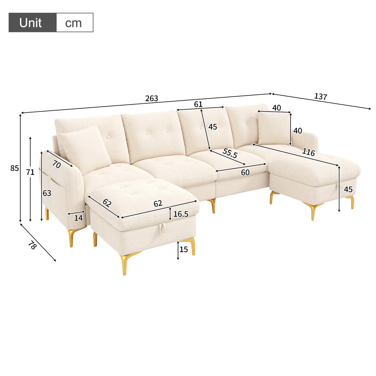WOHNLANDSCHAFT U-Form 4-Sitzer mit 2 Stauraumhockern, DE-42504, Beige - Beige, Holzwerkstoff (263/85/137cm) - ComfortXL