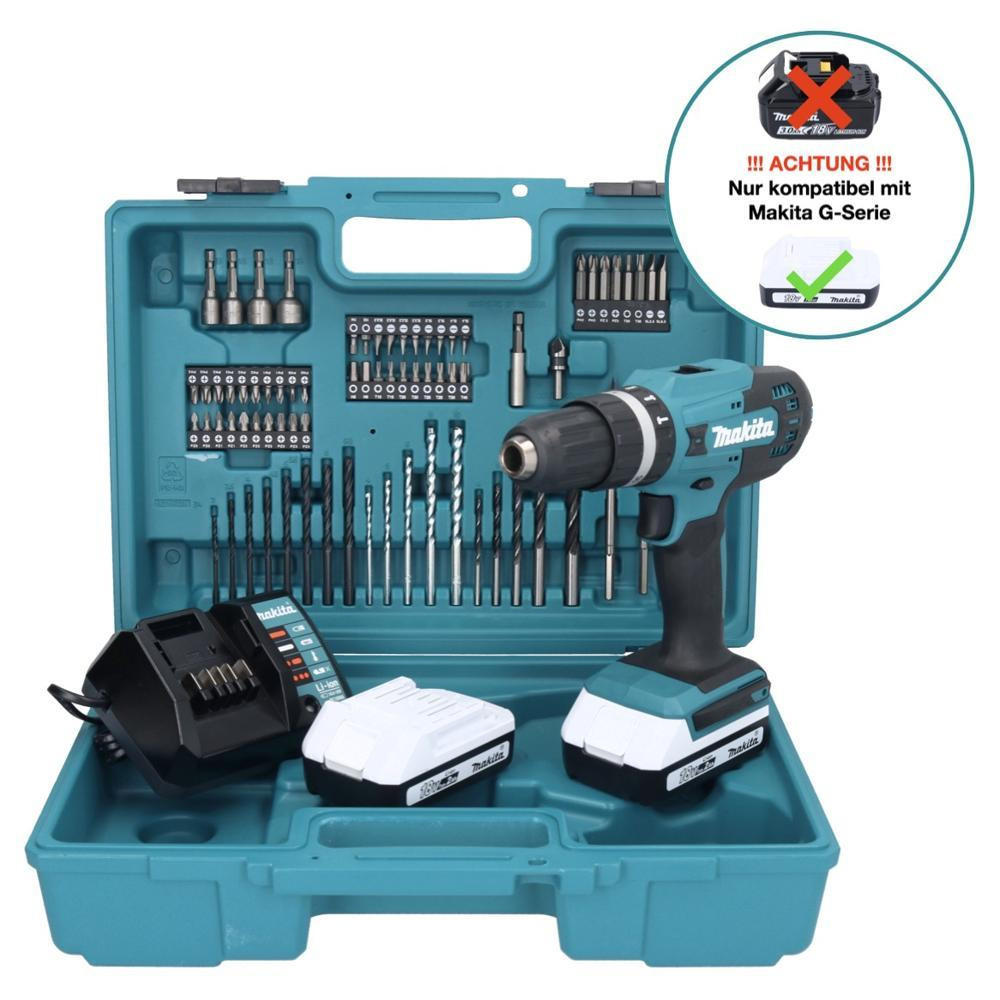 MAKITA HP 488 DAEX1 Akku Schlagbohrschrauber 18 V 42 Nm G-Serie + 2x Akku 2,0 Ah + Ladegerät + 74 tlg. Zubehörset + Koffer - Multicolor, Kunststoff (42/315/14cm) - Makita
