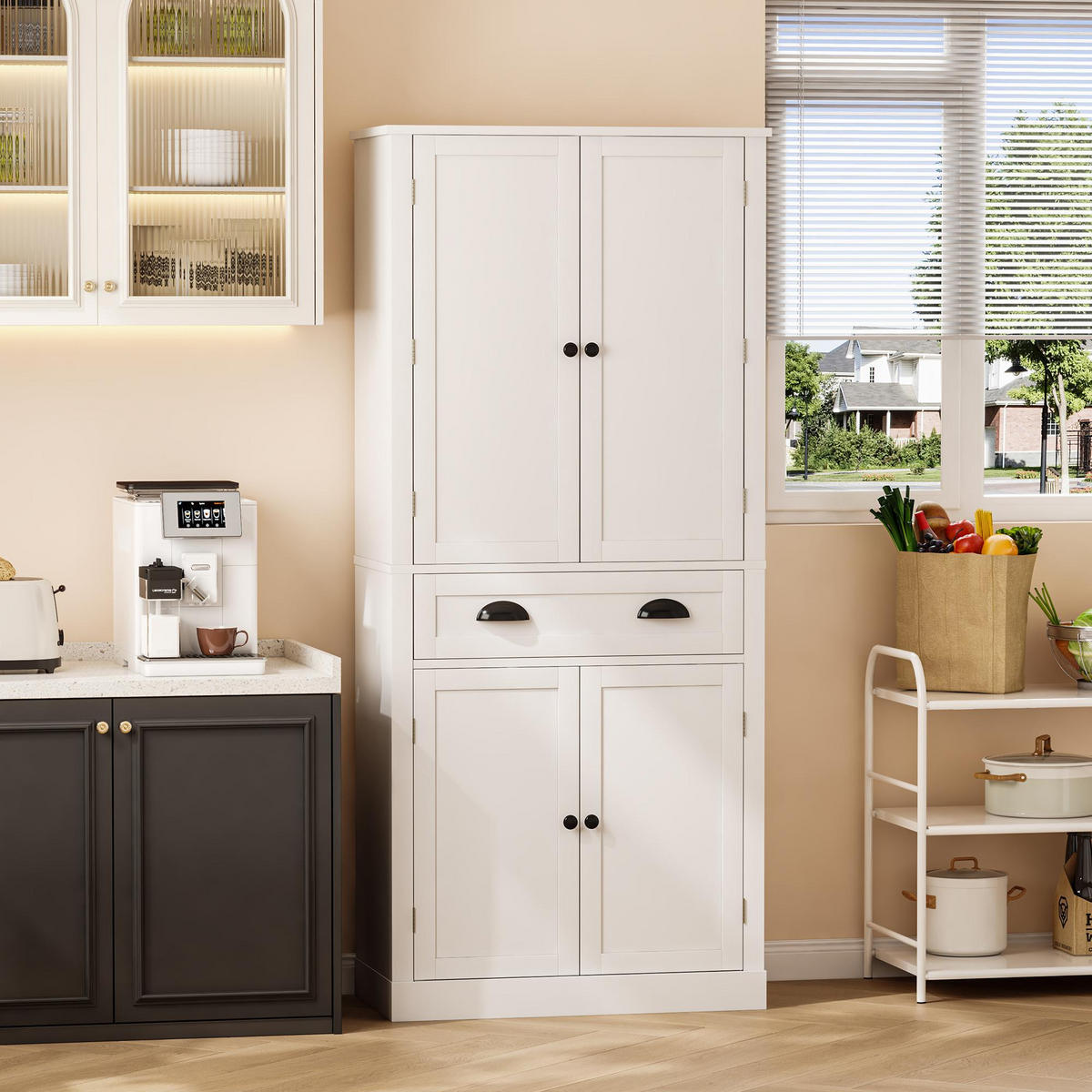 BUFFETSCHRANK, Vorratsschrank mit 4 Türen & 1 Schublade, 4 verstellbare Einlegeböden, Holzwerkstoff, 80/40/182 cm, Weiß - Weiß, Holzwerkstoff (80/182/40cm) - Modfu