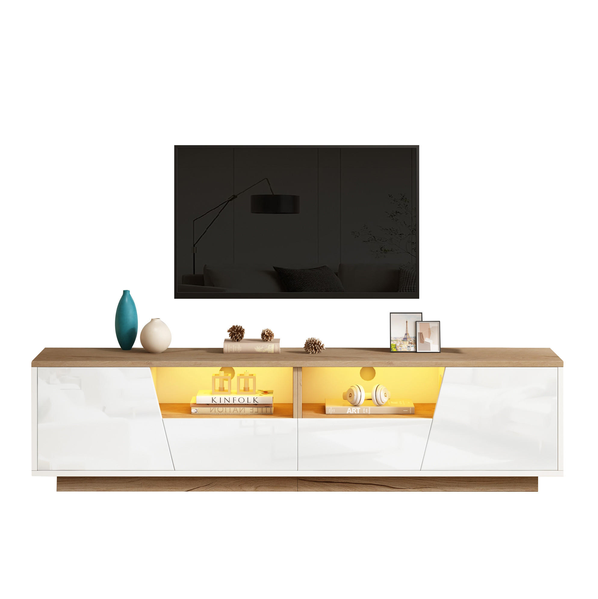 LOWBOARD 180/40/46 cm aus Spanplatte mit LED-Beleuchtung und Hochglanzfront Weiß (Holzoptik) - Weiß, Holzwerkstoff (180/46/40cm) - Modenvie