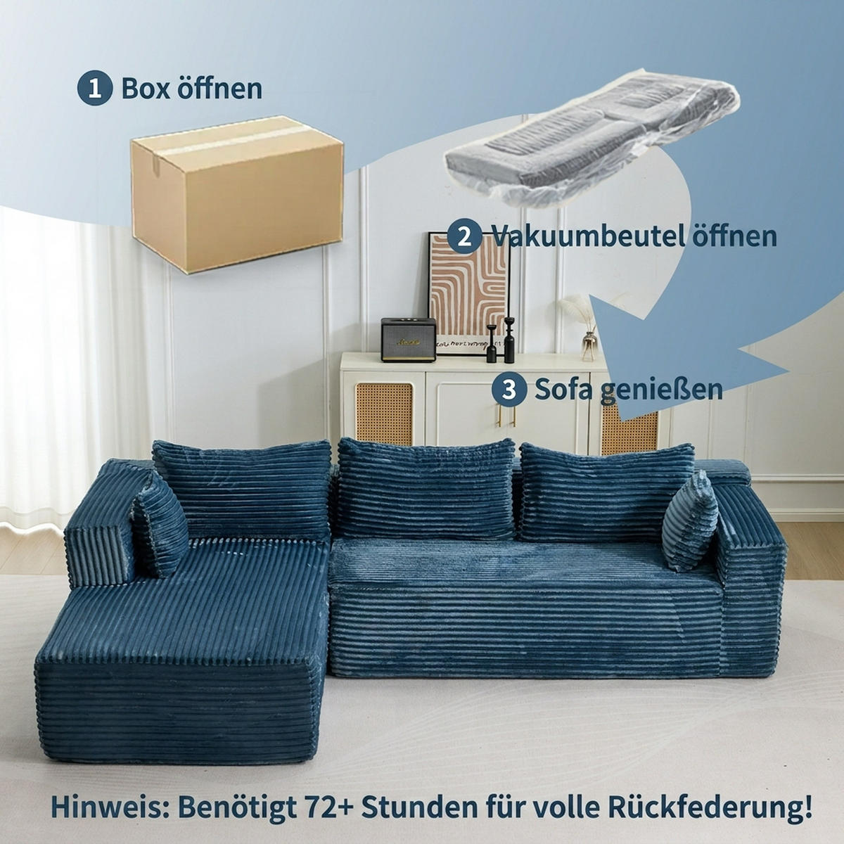 ECKSOFA 279/179/83 cm Blau Cord mit Chaiselongue - Blau, Textil (179/83/279cm) - Oxeza