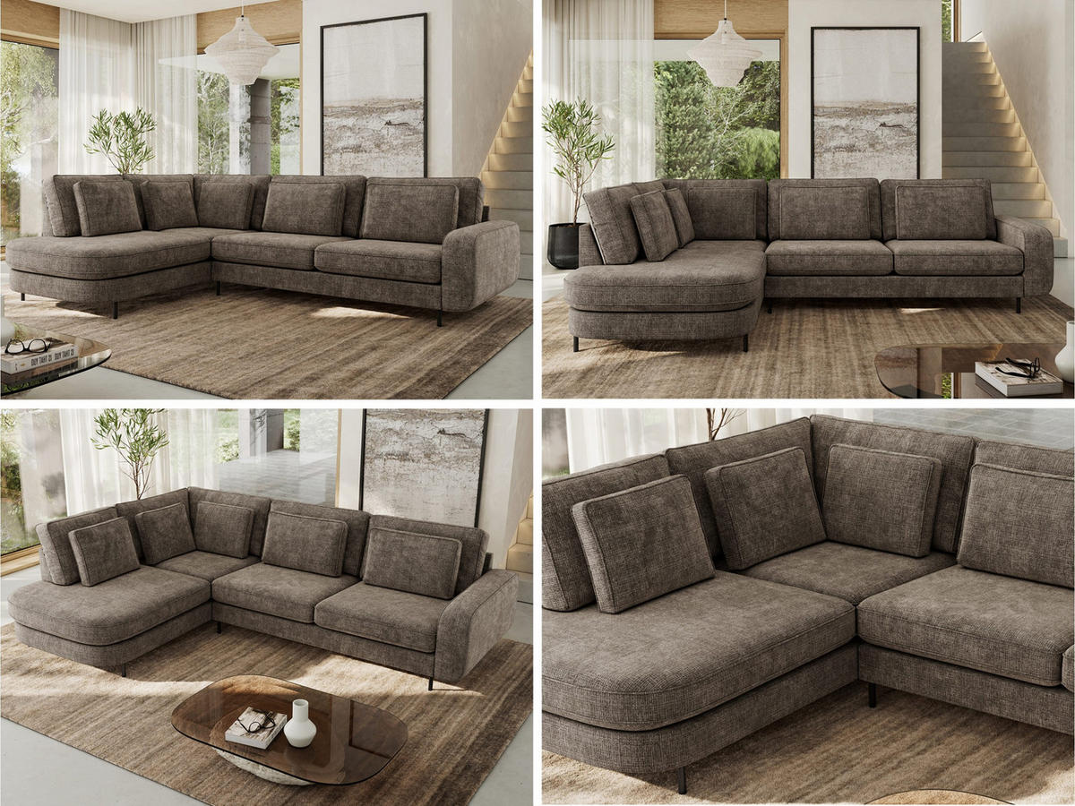 ROHOVÁ SEDAČKA CALENO L - Hnědá hladký senil - Pravá Strana - černá/hnědá, kov/textil (317/225cm) - MKS