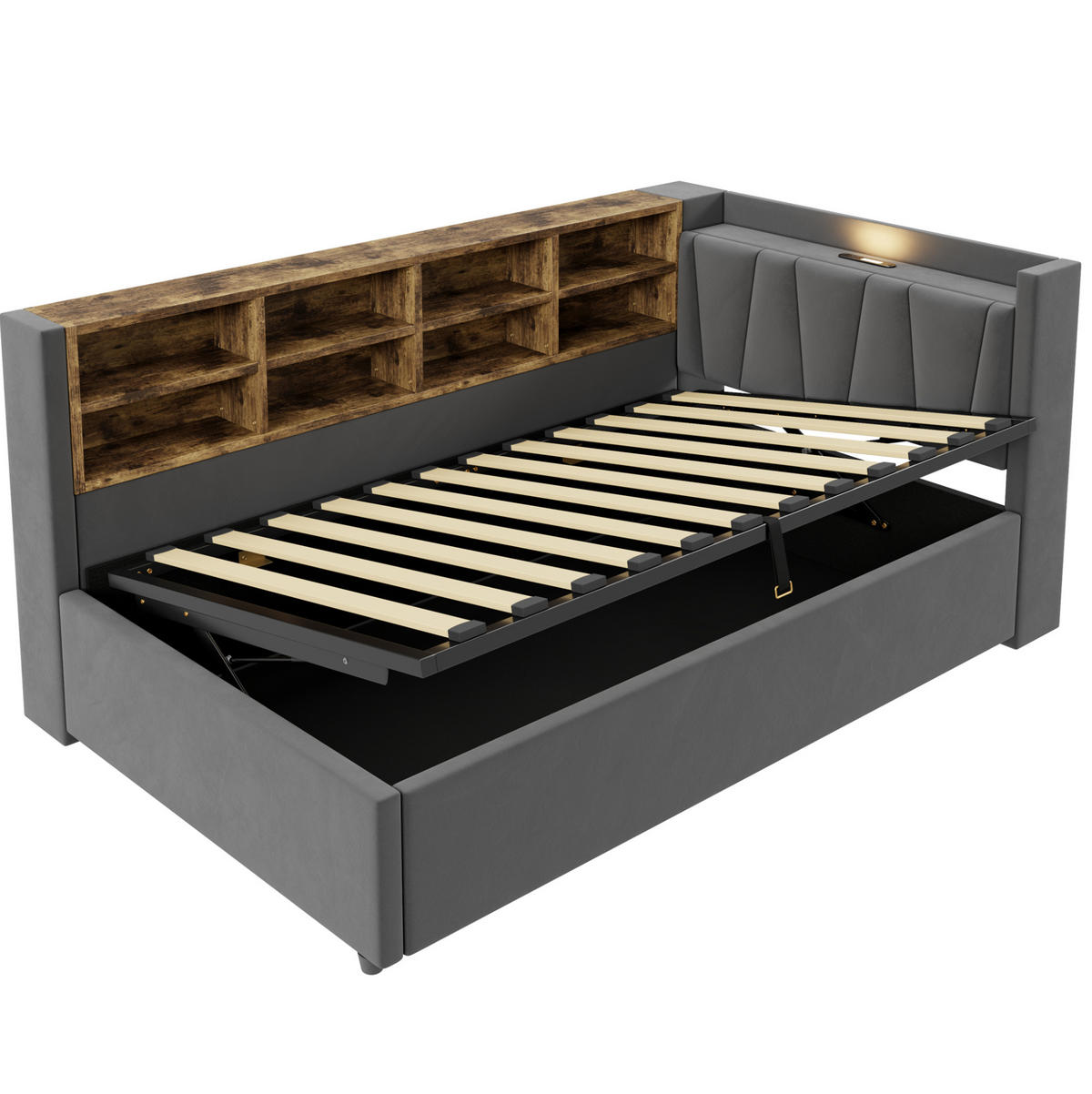 POLSTERBETT aus Samt 90x200 cm Dunkelgrau mit Nachtlicht, USB- und Type-C-Anschluss, Bettkasten und Ablagen - Dunkelgrau, Textil (90/200cm) - Modfu
