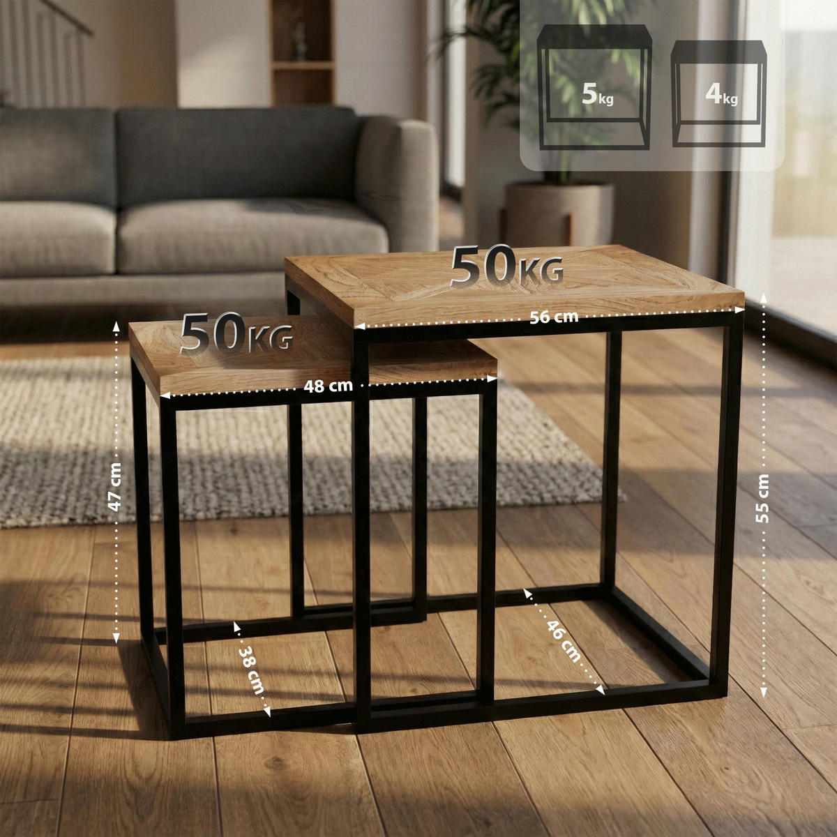 BEISTELLTISCH Bosse 2er Set eckig 48x38x47cm Holz Natura Kleiner - Naturfarben, Holz (38/48/47cm) - DELUKE