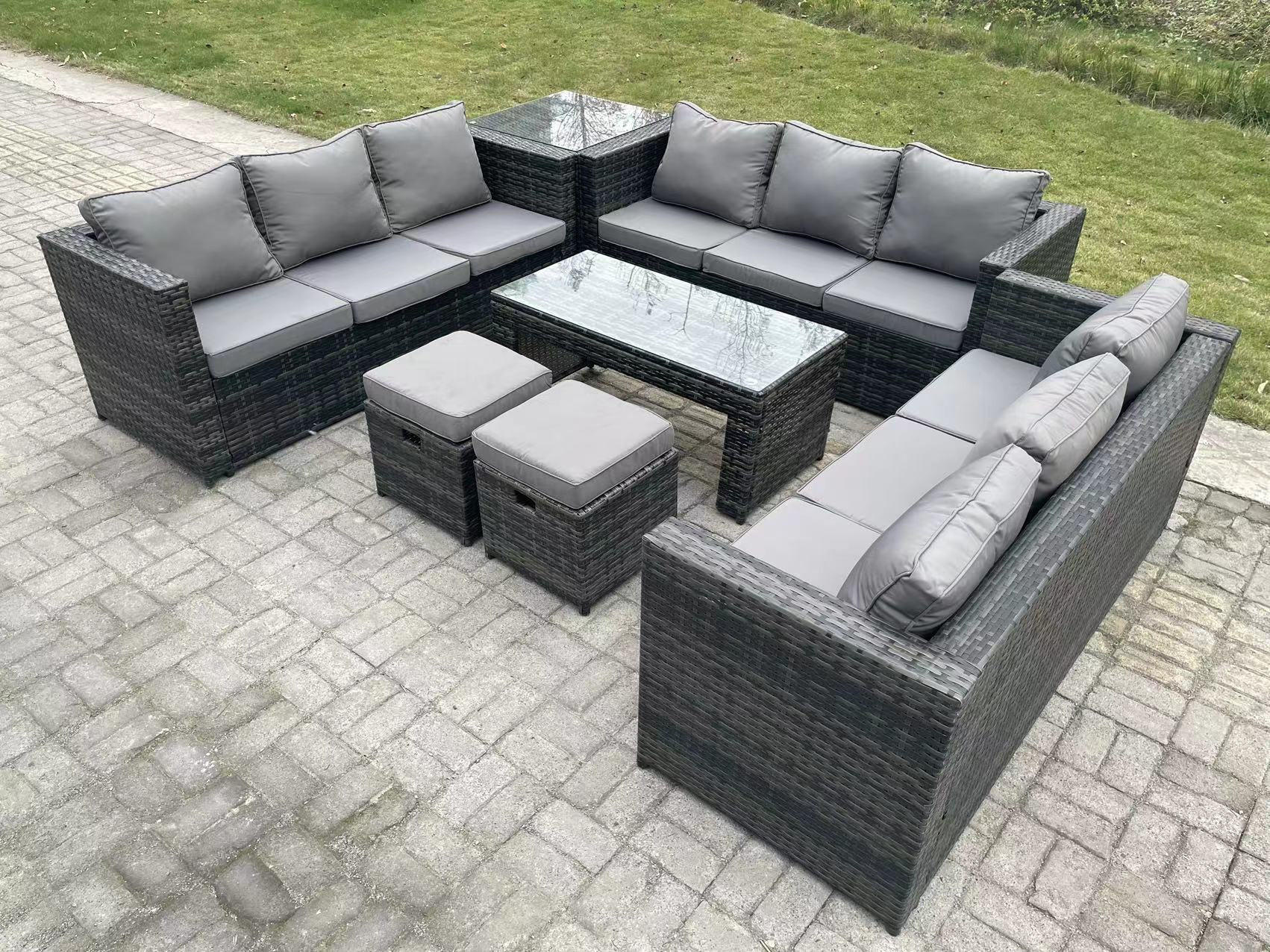 LOUNGESOFA Polyrattan 11-Sitzer - Dunkelgrau/Grau, Glas/Kunststoff - Fimous