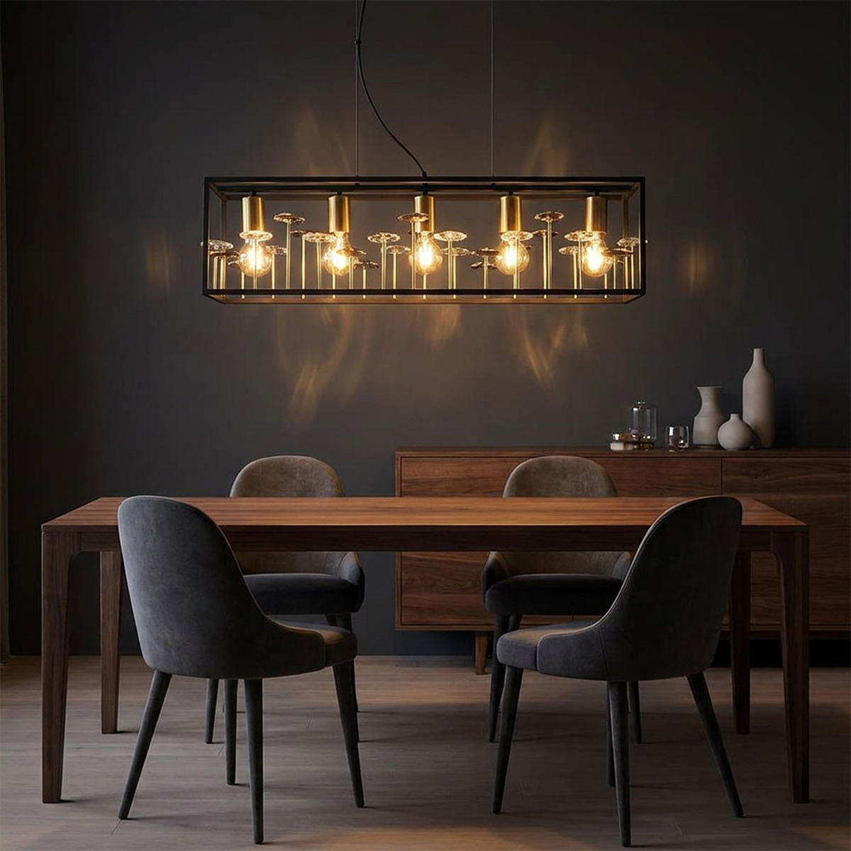 LED HÄNGELEUCHTE Metall Schwarz Rauchkristalle 5-flammig - Schwarz, Metall (77/18/120cm) - Globo Lighting