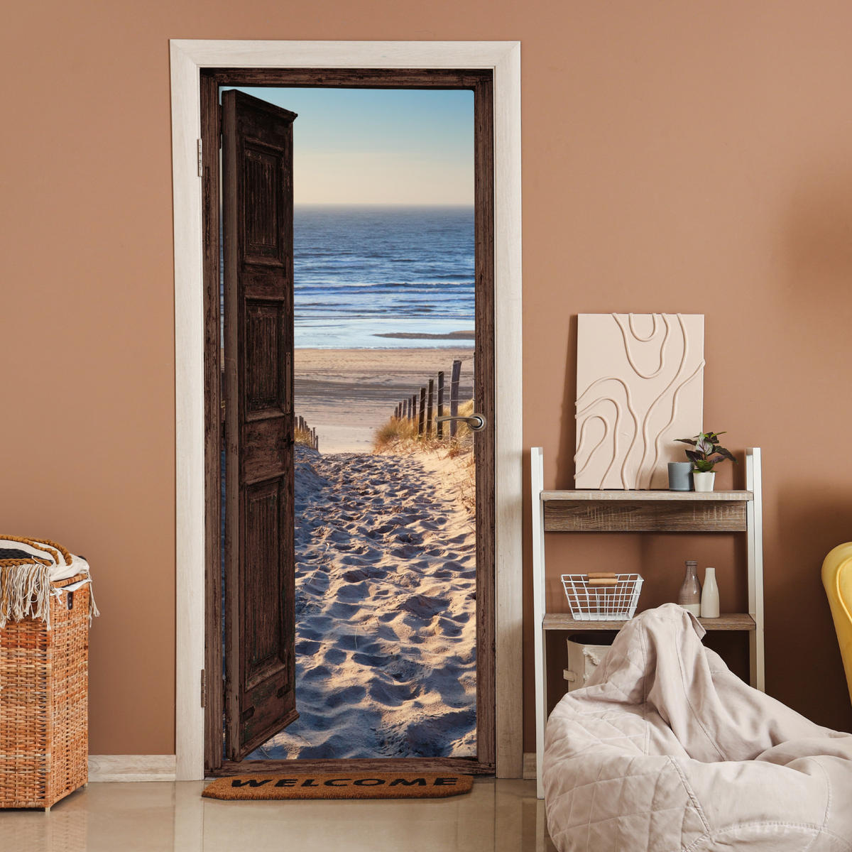 TÜRAUFKLEBER Selbstklebend - Fensterblick - Strand - Meer - Weg - Dünen 95x215 cm - Türtapete - Sandfarben, Kunststoff (95/0.1cm) - MuchoWow