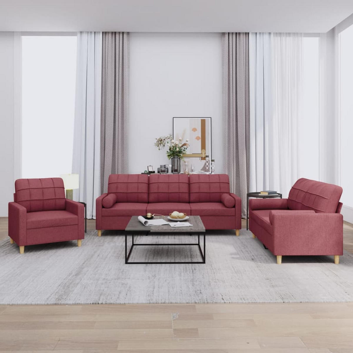 SOFAGARNITUR 3-TLG. Mit Kissen Weinrot Stoff - Rot, Textil (77/80/78cm) - vidaXL