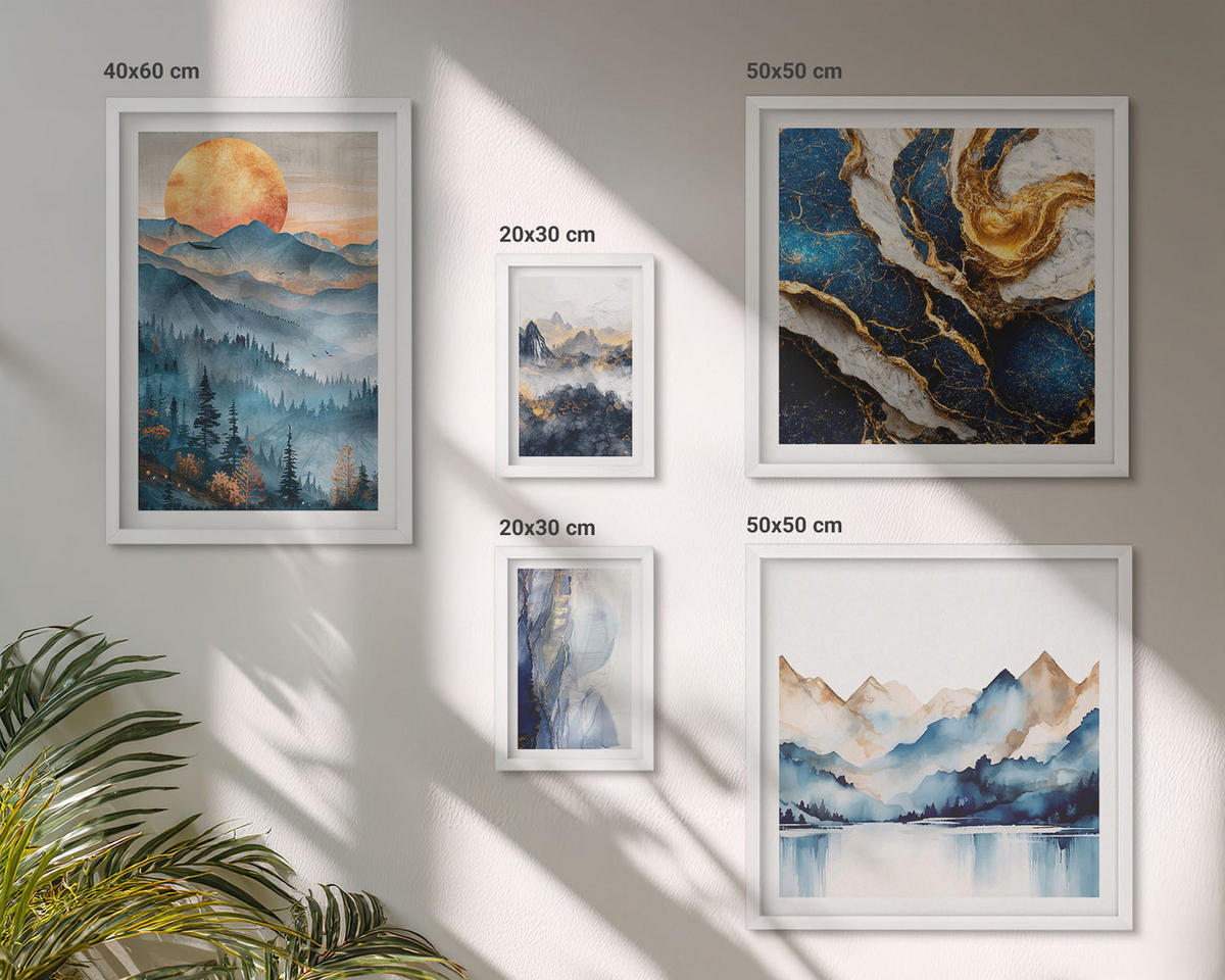 BILDER SET 5er Set - 50x50 cm & 20x30 cm & 40x60 cm Weißer Rahmen - Blaue Berglandschaften - Weiß, Kunststoff (40/60cm) - TULUP