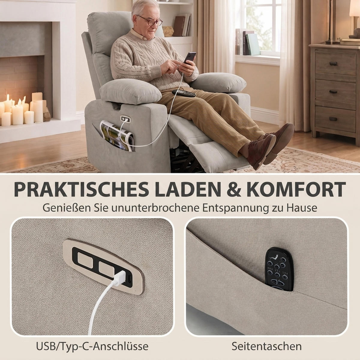 RELAXSESSEL Polyester Hellgrau - Hellgrau/Schwarz, Textil/Metall (92/110/95cm) - HOMCOM