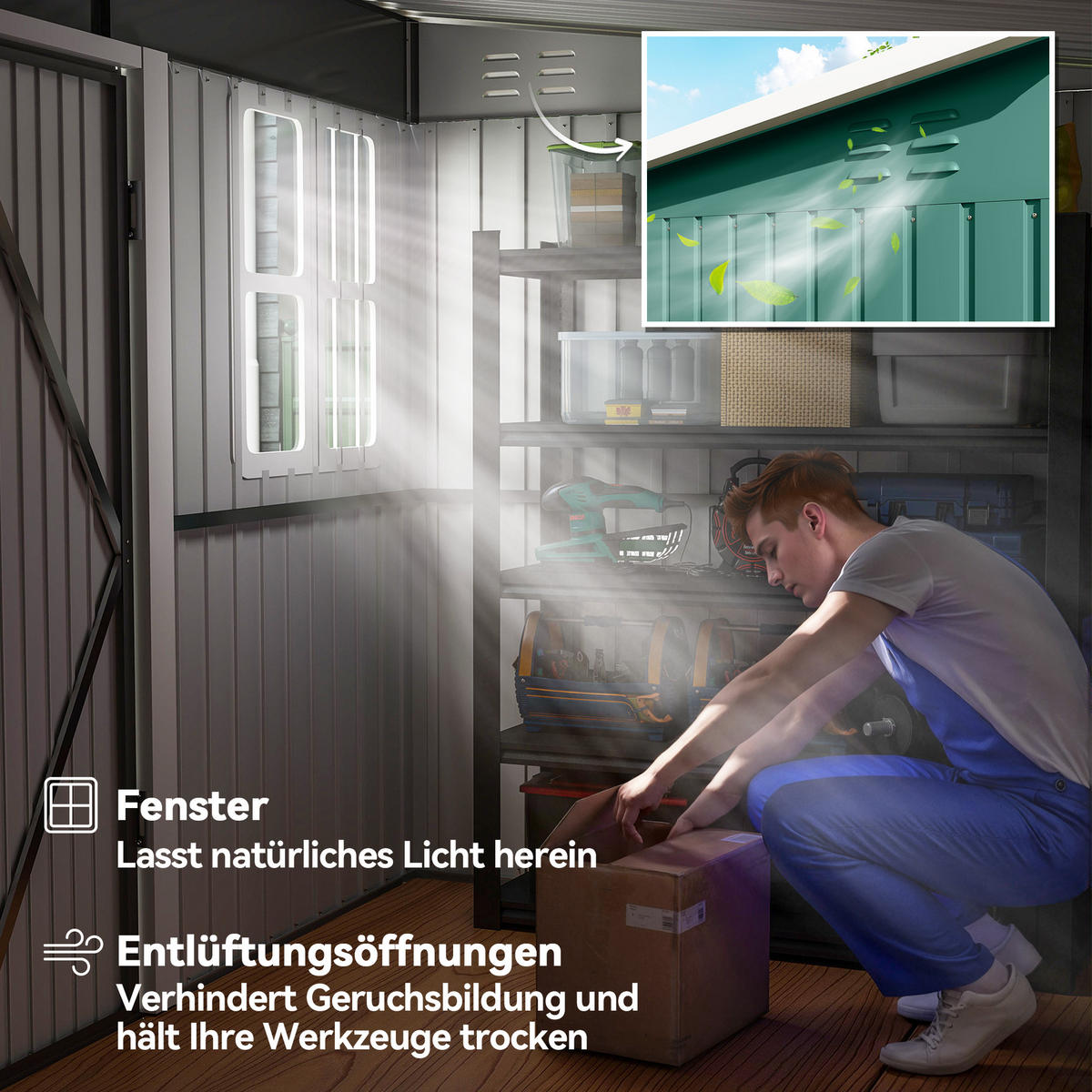 METALL Gerätehaus 4,13 m² Geräteschuppen mit Fenster Pultdach Abschließbar - Grün, Metall (177/190/260cm) - Outsunny