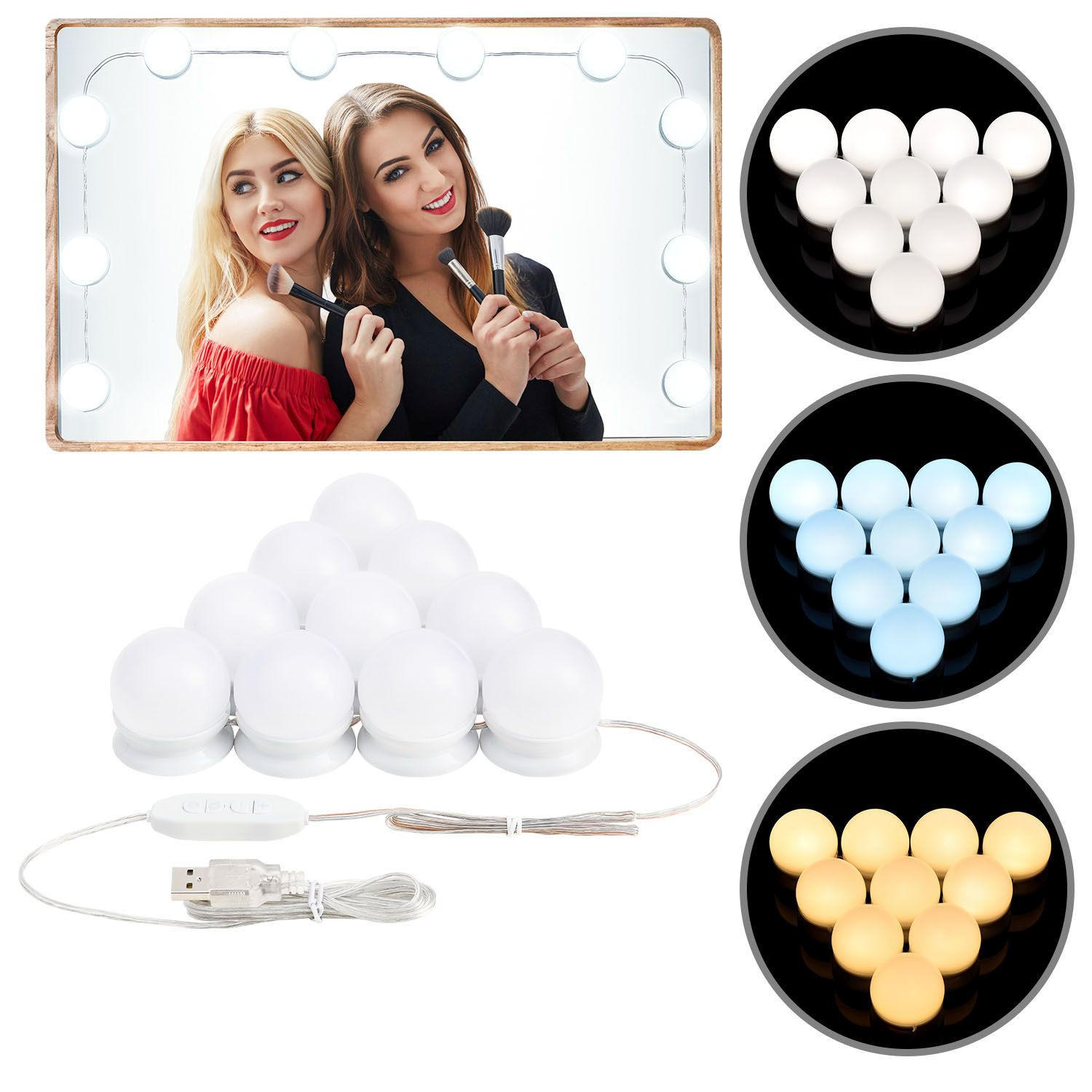 LICHTERKETTE mit 10 LED Lampen und USB ideal für Schminktisch - Weiß, Kunststoff (4/6/4cm) - Juskys