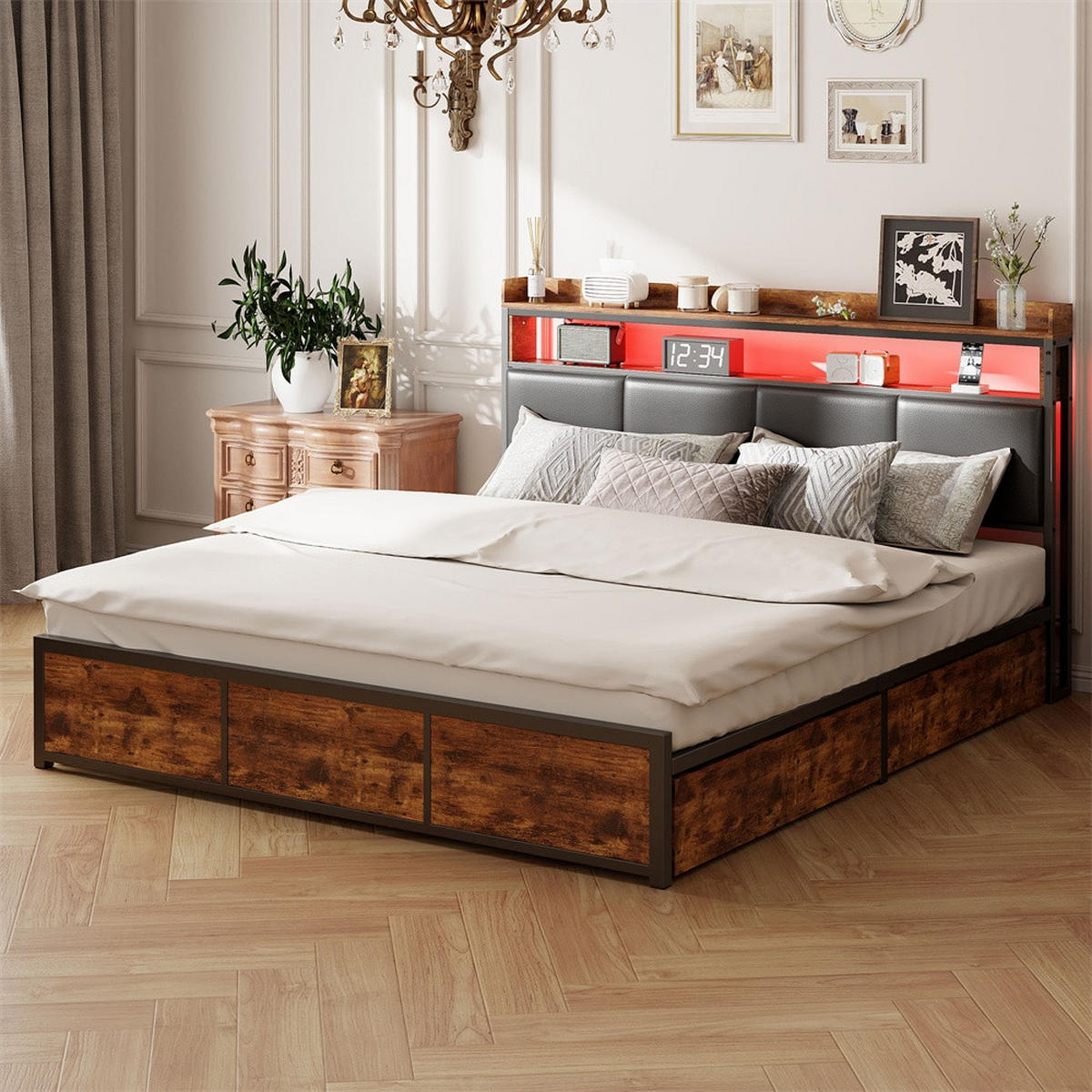 METALLBETT 180x200 cm - Kopfteil Regal & LED Beleuchtung - 4 Schubladen - ohne Matratze - Schwarz & Braun - Braun, Metall (180/200cm) - DELFA