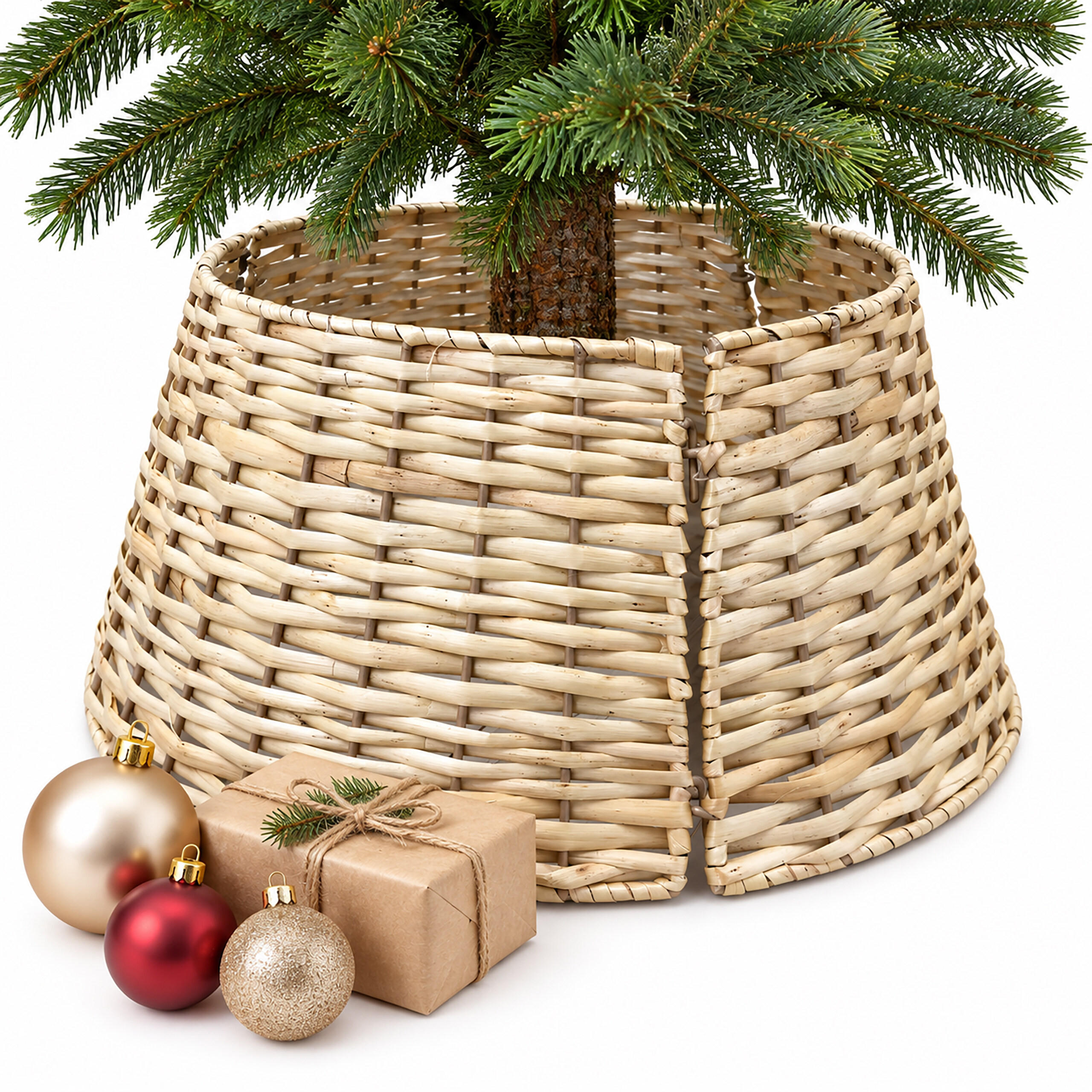 WEIHNACHTSBAUMROCK Natur 3-tlg. Weidengeflecht 50 cm - Hellbraun, Holz (20cm) - Relaxdays