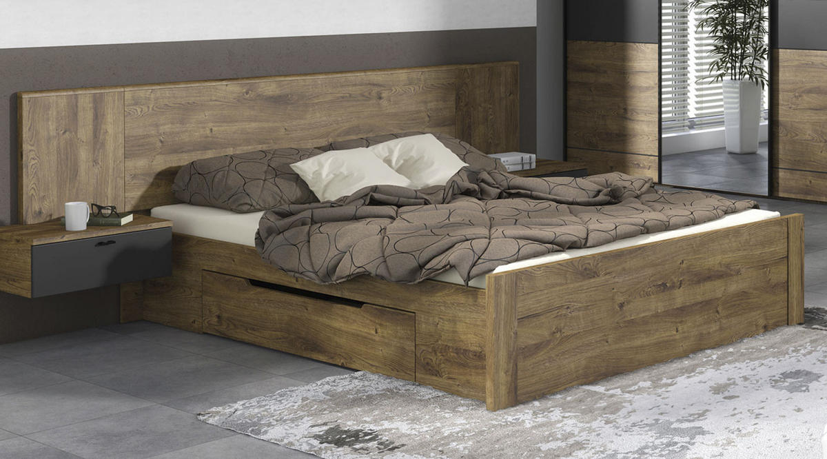 DOPPELBETT MIT NACHTKONSOLEN Roma Eiche ribbeck / dunkelgrau 298 / 207 / 90cm - Eichefarben/Schwarz, Holz/Holzwerkstoff (160/200cm) - Feldmann-Wohnen