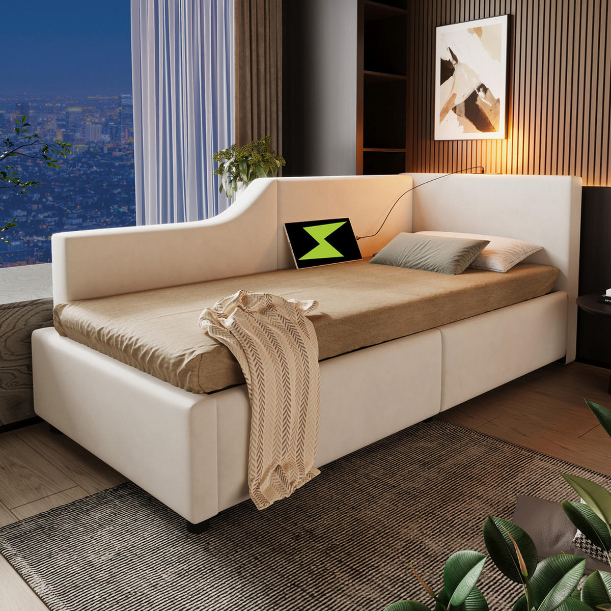 TAGESBETT 90x200cm Schlafsofa hydraulisch USB-C Leselicht Beige Samt - Beige, Holz - FLIEKS