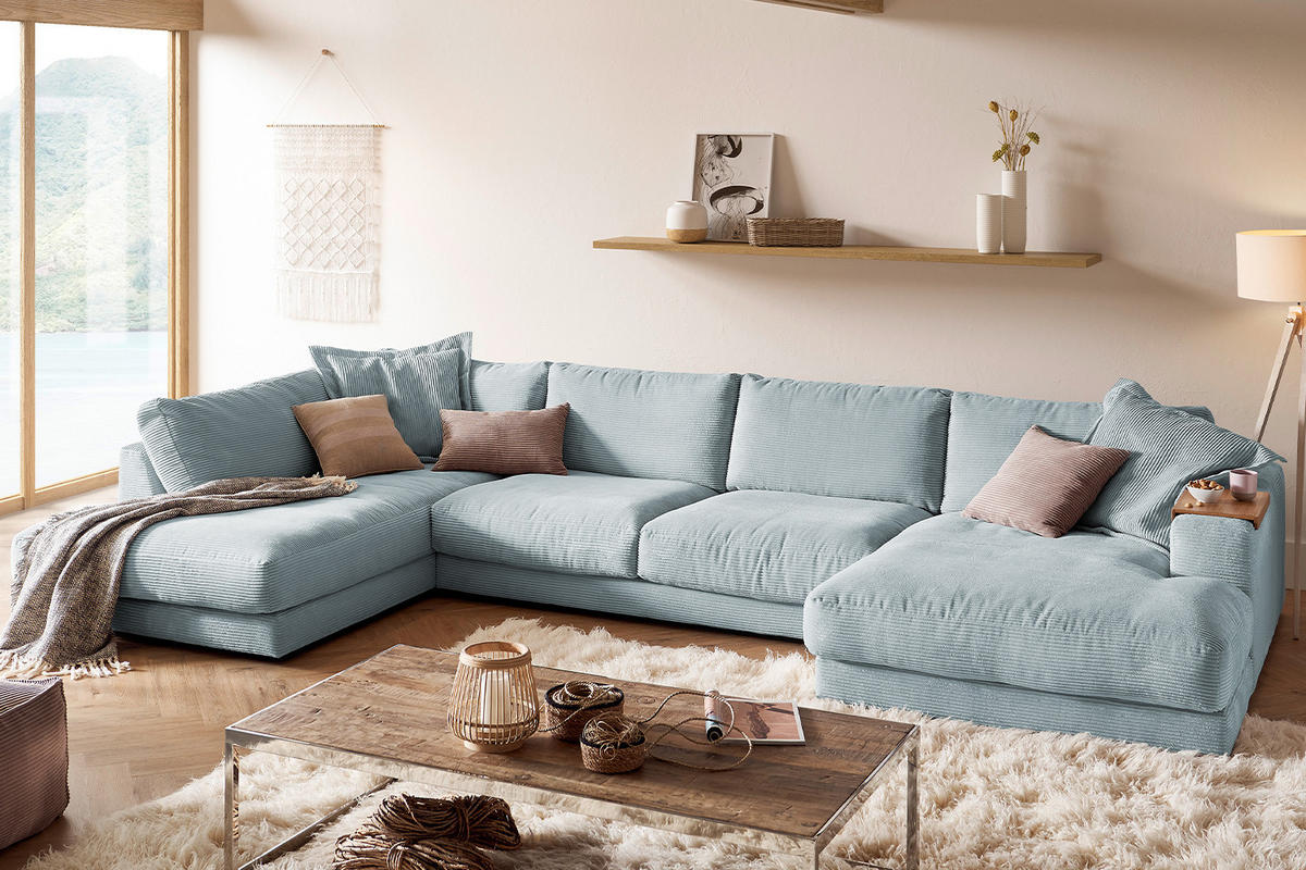 WOHNLANDSCHAFT MADELINE Hellblau Cord - Schwarz/Hellblau, Kunststoff/Textil (425/86/224cm) - KAWOLA