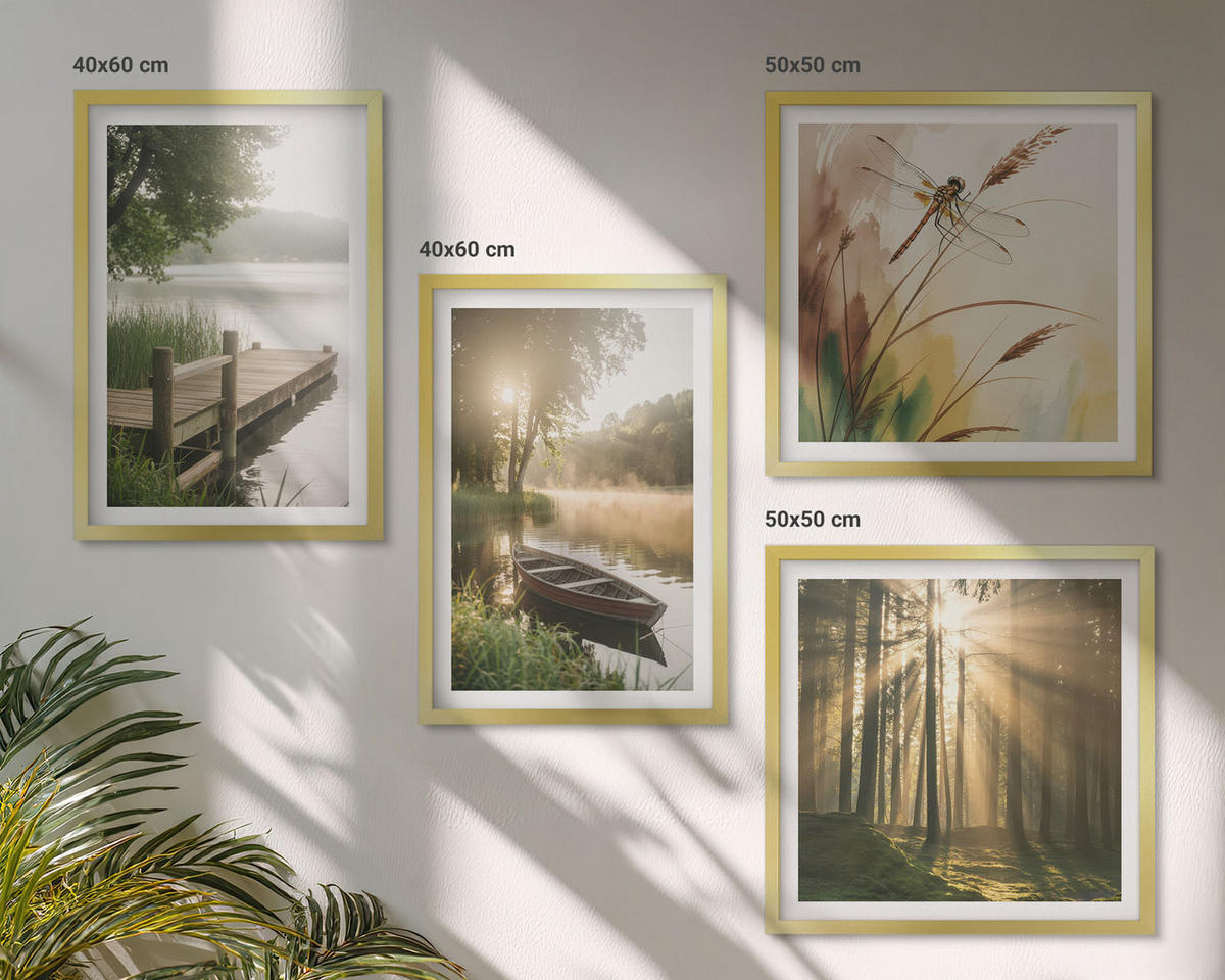 BILDER SET 4er Set - 50x50 cm & 40x60 cm Goldrahmen - See, Wald, Boot, Morgennebel - Goldfarben, Kunststoff (50/50cm) - TULUP