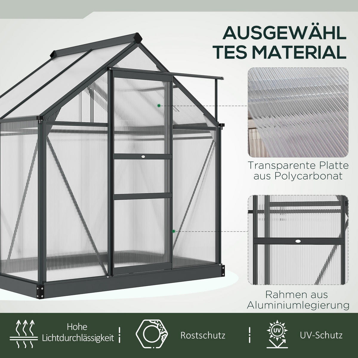 GEWÄCHSHAUS mit Dachfenster mit Tür mit Fundament, Alu+Polycarbonat, Grau+Transparent - Transparent/Grau, Kunststoff/Metall (132/201/190cm) - Outsunny