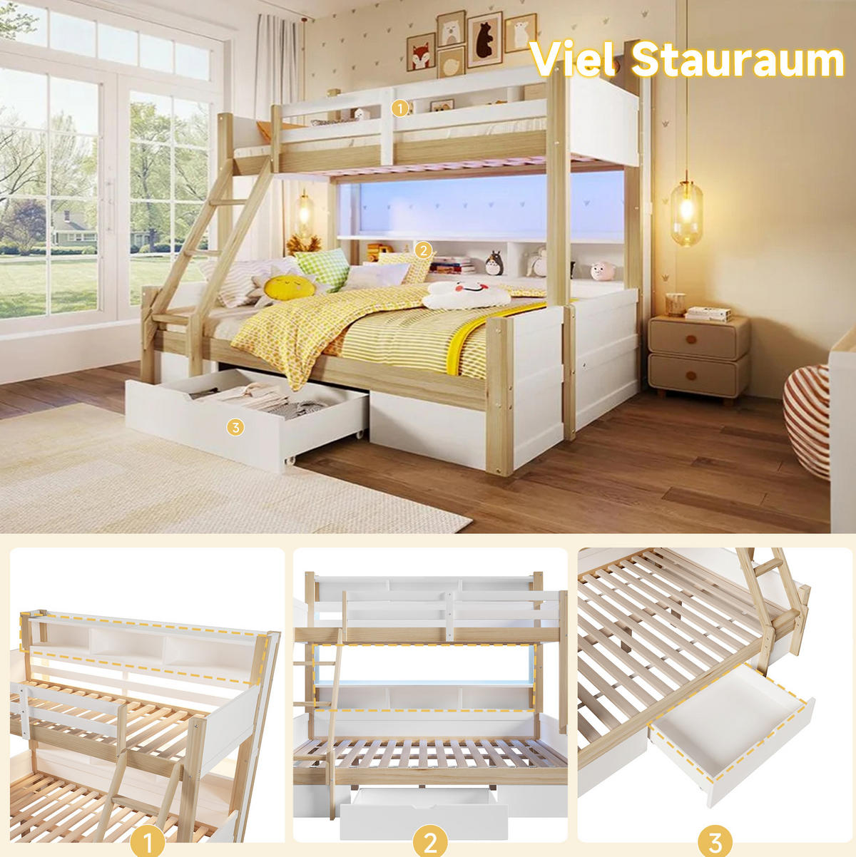 ETAGENBETT 90/200+140/200 cm in Weiß/Natur mit LED-Beleuchtung und Stauraum - Weiß, Holz (90/200cm) - OKMYHOME