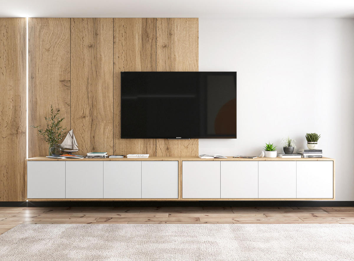 TV-LOWBOARD 2-er Set Apollo2 Eiche wotan Weiß Matt 150 cm - Weiß, Holzwerkstoff (300/39/35cm) - Meble Lindner