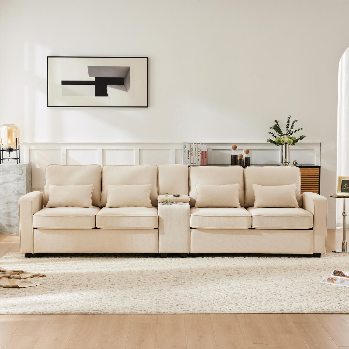 4-SITZER Sofa Leinenstoff mit Konsole USB-Anschluss und 2 Getränkehaltern 290/83/88 cm Beige - Beige, Textil (88/290/83cm) - Redom