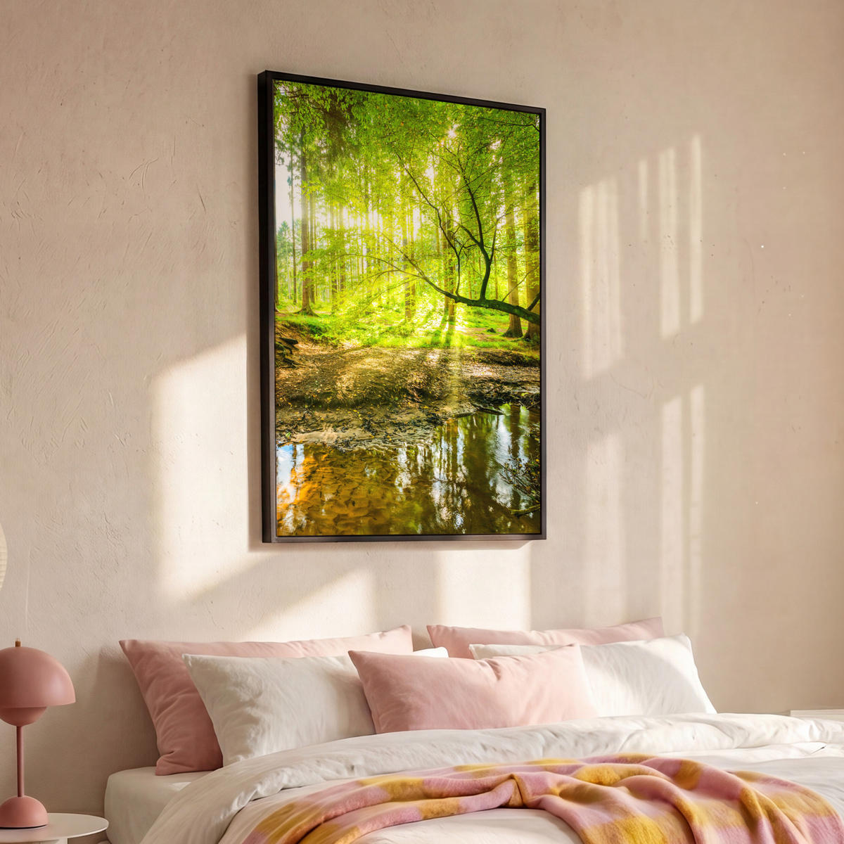 LEINWAND Bilder mit Rahmen - Wald - Landschaft - Wasser - Bäume - Sonne - Grün - Natur - 80x120 - Grün, Textil (80/120cm) - MuchoWow