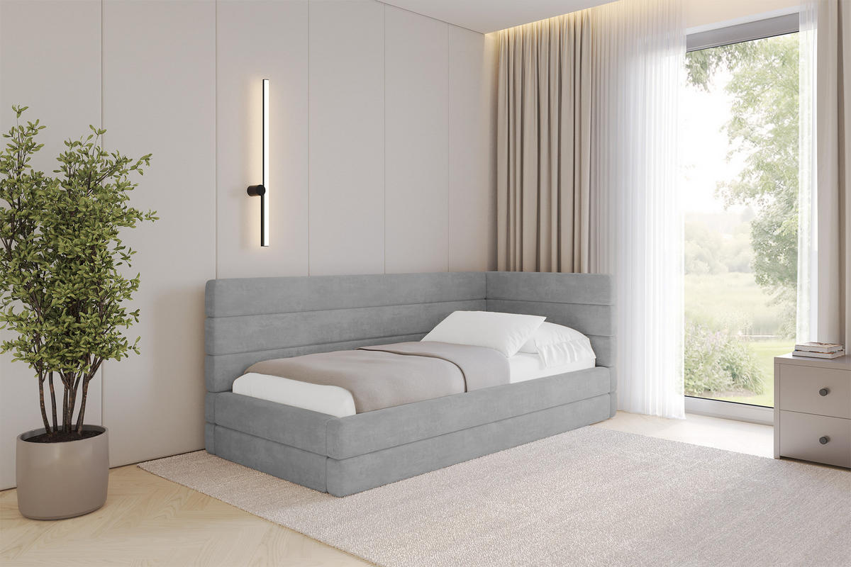 EINZELLBETT Jugendbett mit Bettkasten, Links - BEMY 90x200 Grau - Hellgrau, Holzwerkstoff/Textil (90/200cm) - ALTDECOR
