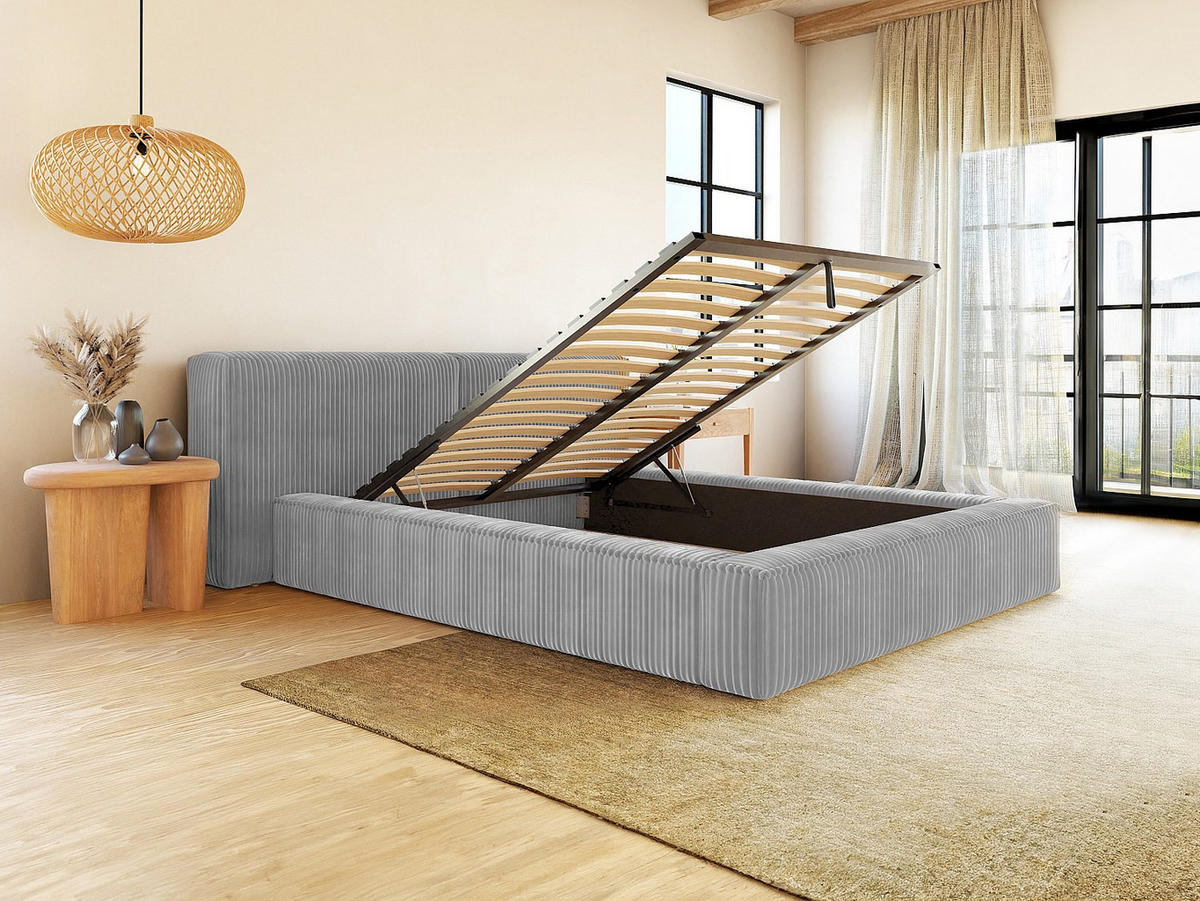 BETT mit Bettkasten - 2 Personen - Samt, Stoff - Hellgrau - - Hellgrau, Textil (160/200cm) - Vente-Unique