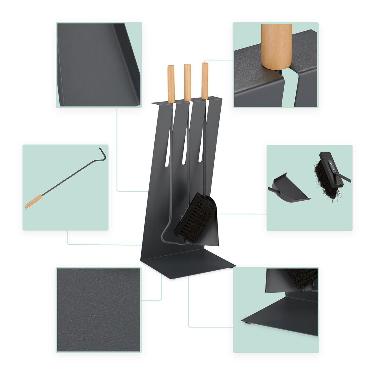 KAMINBESTECK-SET 4-tlg. - Grau, Holz/Metall (23/59/18.5cm) - Relaxdays